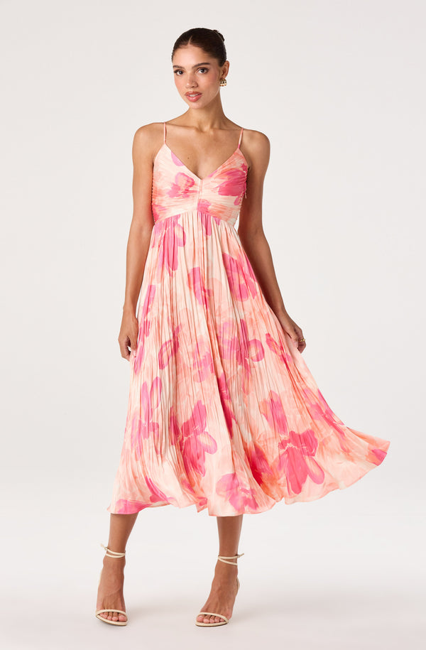 open lace back dress Jean Muir Flower Print Pleated Cotton Dress – Moore Vintage Archive main image 0