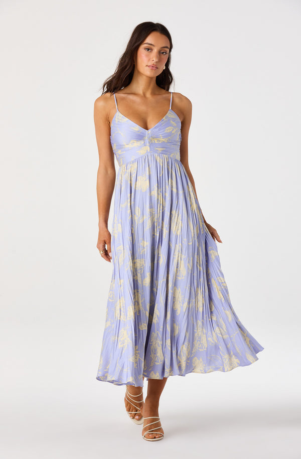 Maeve Pleated Midi Dress: Floral Midi Dress, Sundress, Plisse Dress, Blue Midi, Green Midi, Summer Dress