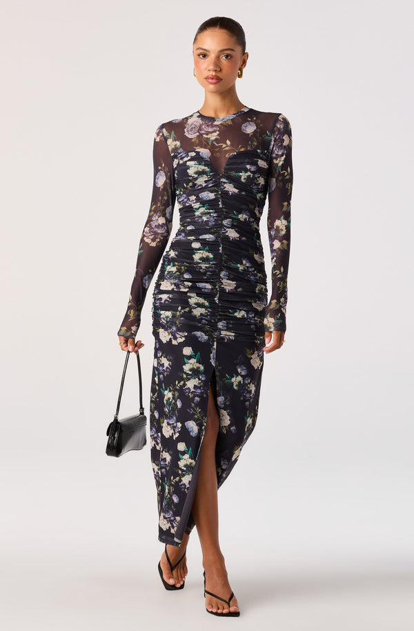 ASTR the Label | Mesh Ruched Maxi Dress in Blue Multi Floral
