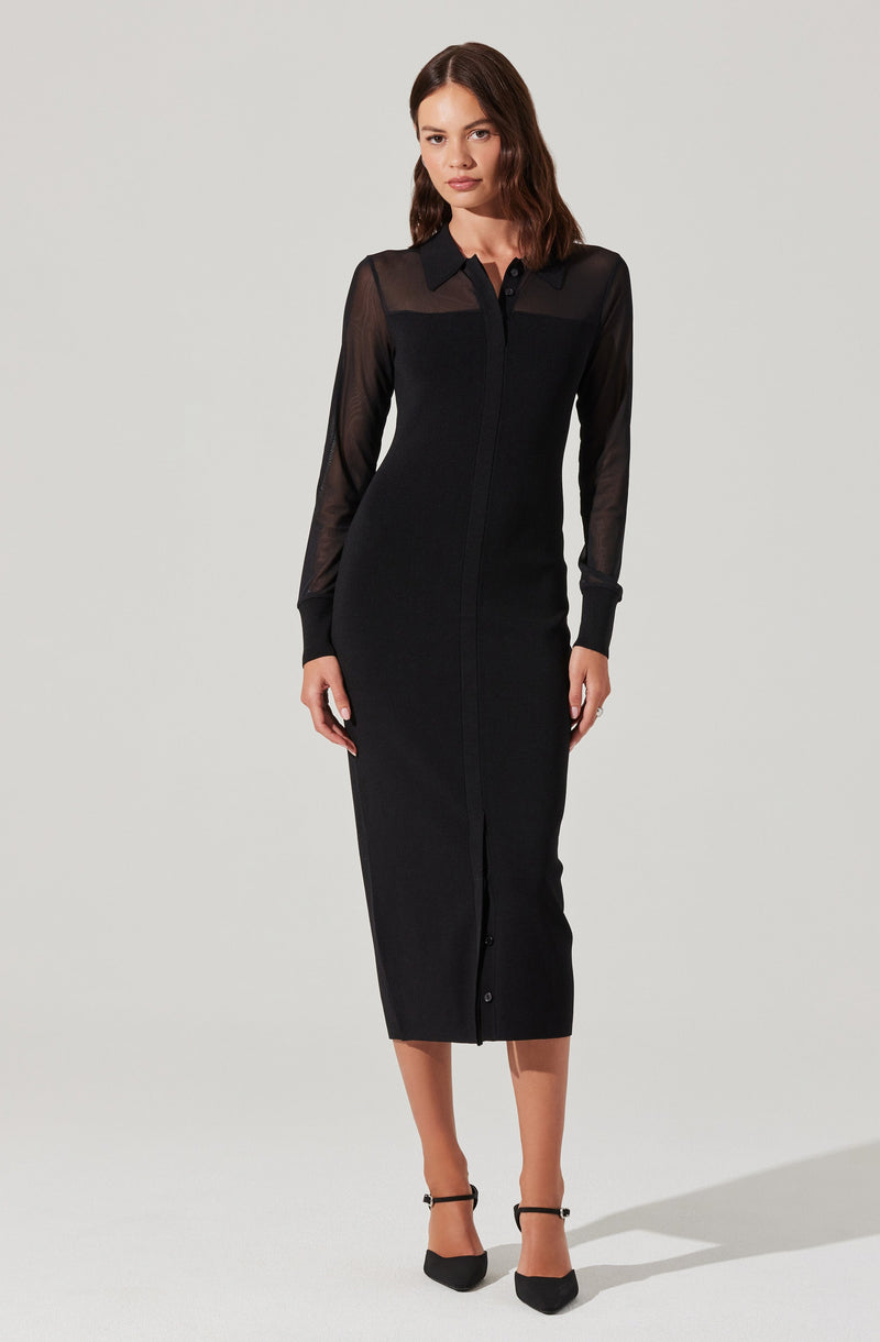 A woman is wearing a black, long-sleeved, button-up dress with sheer sleeves and a structured collar. The dress is fitted and extends to mid-calf length with a front zipper. She is also wearing black ankle-strap pointed-toe heels.