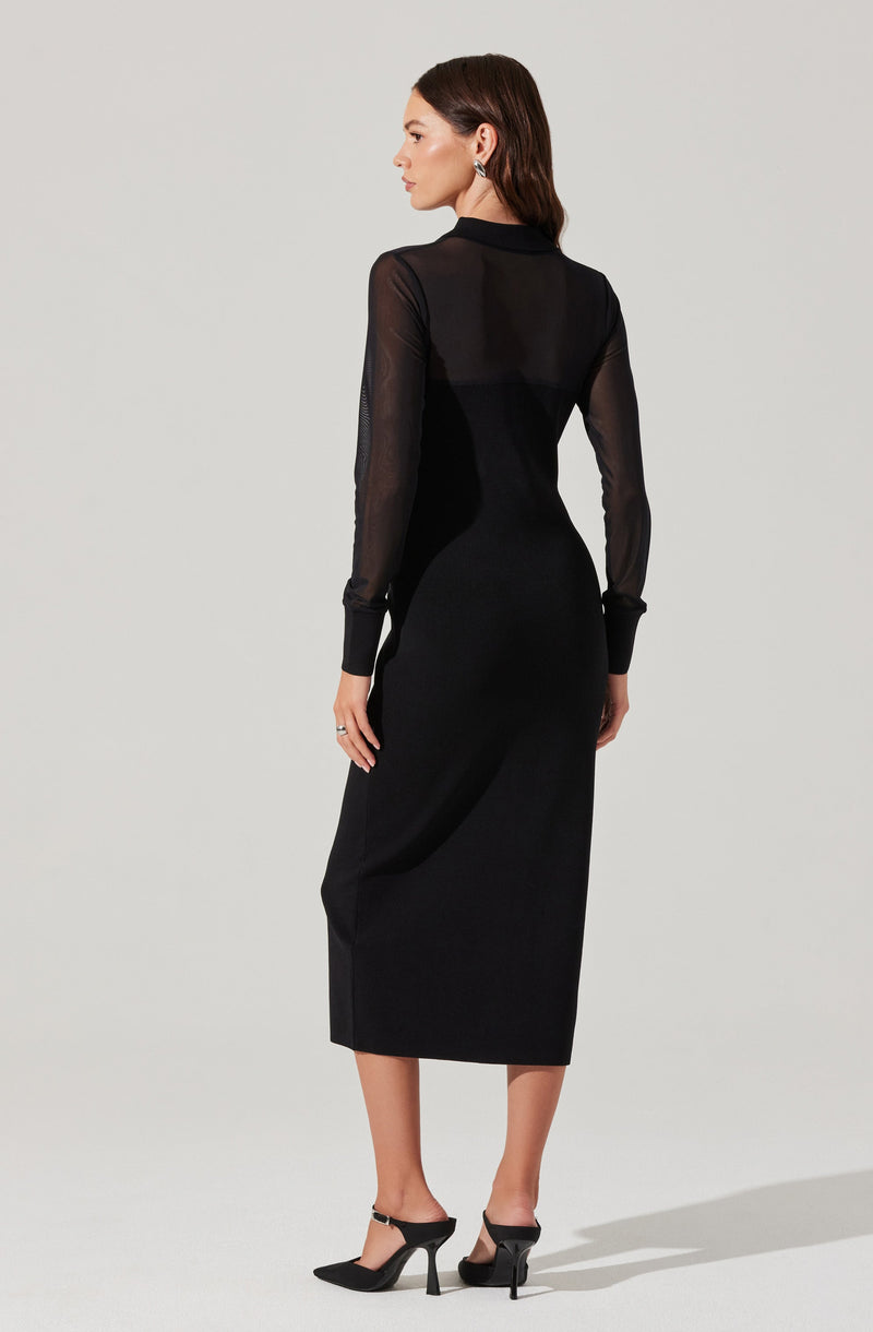 A woman is wearing a long black dress with sheer long sleeves and a high neckline. The dress is fitted at the waist and hips, with a straight skirt that falls to mid-calf length. She is also wearing black high-heeled shoes.