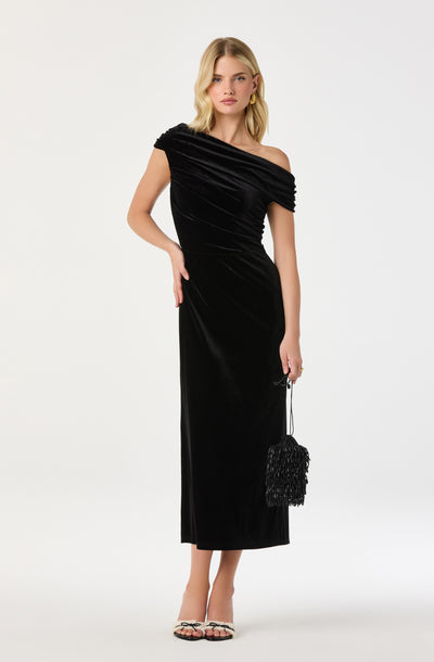Velvet Off Shoulder Midi Dress