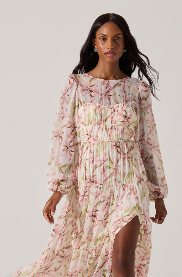 Pleated Chiffon Floral Midi Dress