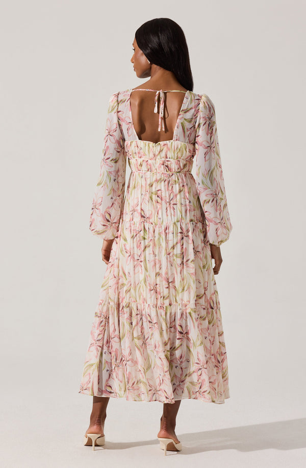 Pleated Chiffon Floral Midi Dress