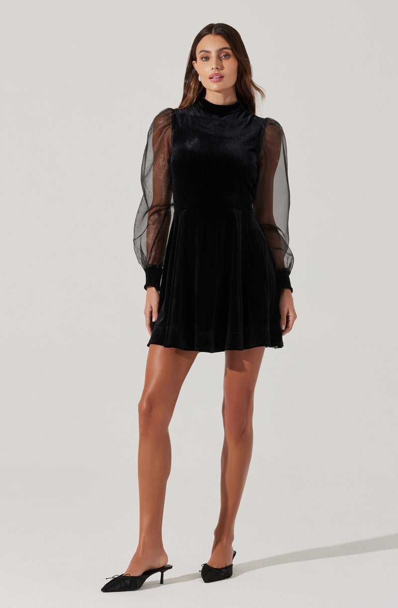 A woman is wearing a black dress with a high neckline and long, sheer puff sleeves. The bodice appears to be made of a smooth, velvety fabric, while the sleeves are made of a transparent, tulle-like material. The skirt is also made of a soft, velvety fabric, with a slightly flared, A-line silhouette. She is wearing black pointed-toe high heels with a small heel.