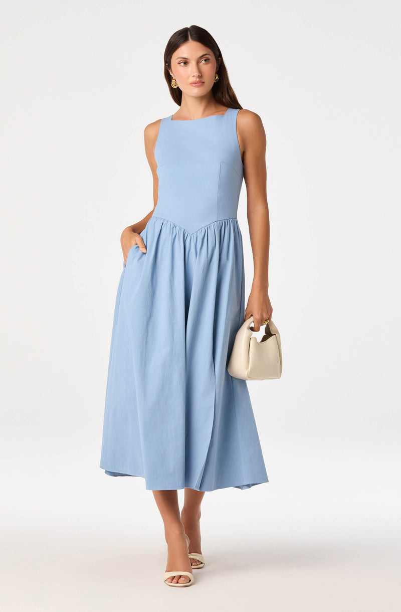 Woman wearing a light blue sleeveless maxi dress with a fitted bodice and full skirt.