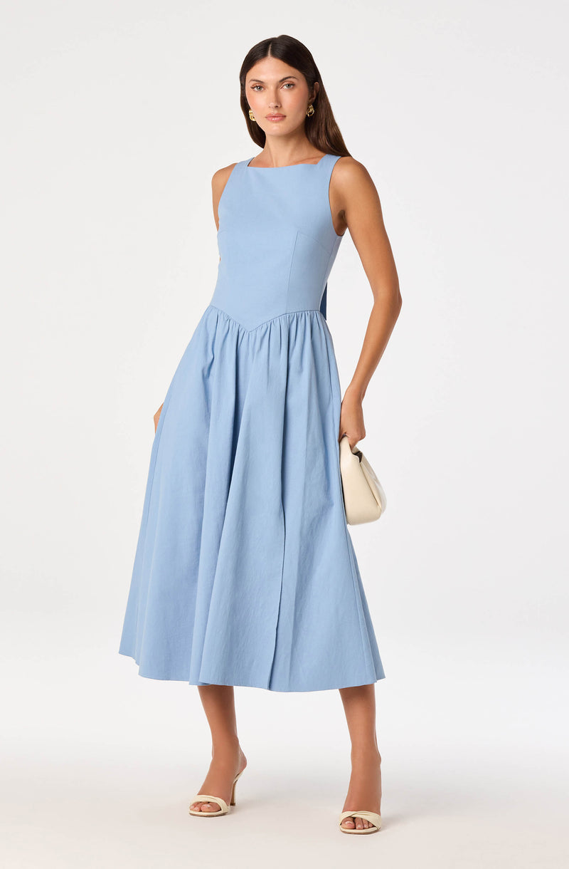 Light blue sleeveless midi dress with a fitted bodice and a gathered, full skirt.