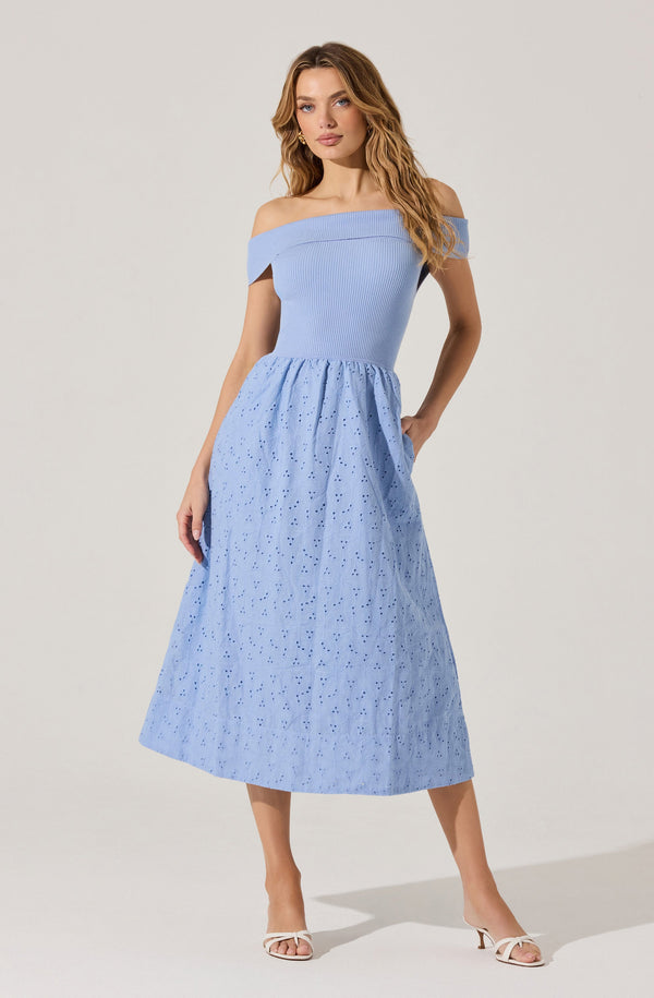 Off Shoulder Eyelet Midi Dress - ASTR the Label Off Shoulder Eyelet Midi Dress - ASTR the Label