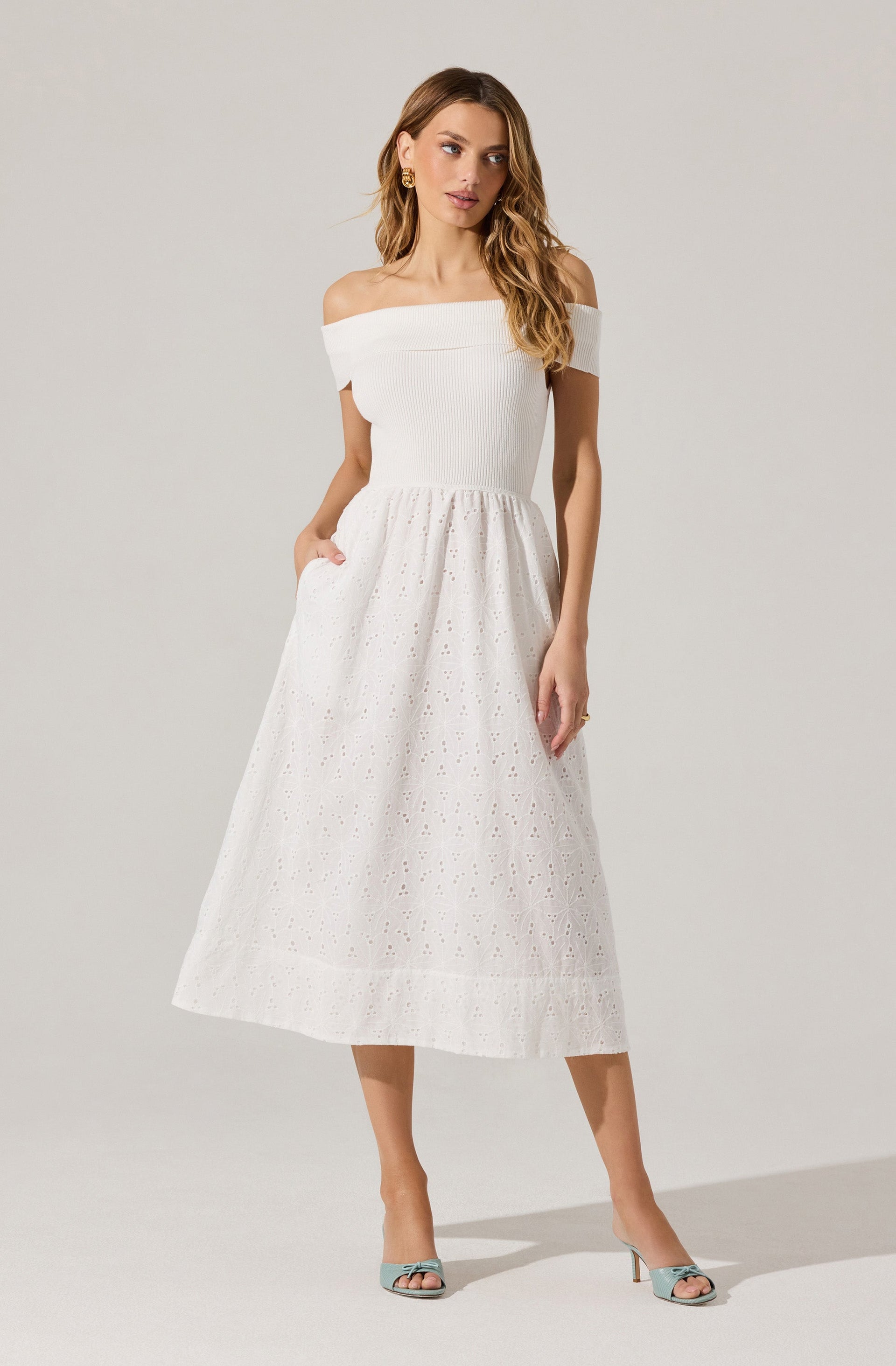 Off Shoulder Eyelet Midi Dress - ASTR the Label Off Shoulder Eyelet Midi Dress - ASTR the Label