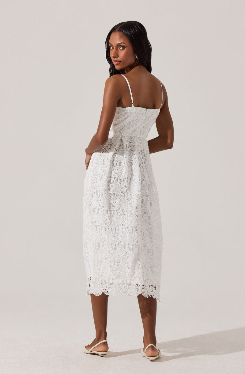 A woman is wearing a white lace midi dress with thin spaghetti straps. The dress features intricate lace patterns throughout and has a slightly gathered waistline. She is also wearing light-colored, open-toed, flat sandals.