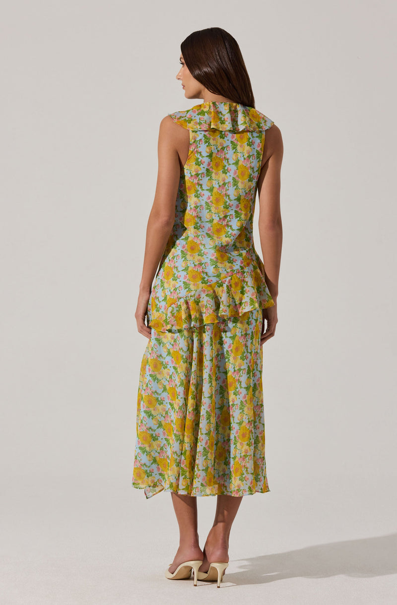 ASTR the Label | V-neck Floral Ruffle Midi Dress in Blue Multi Floral