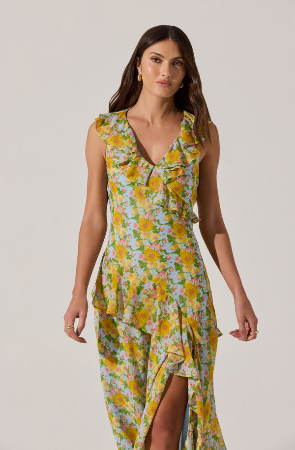 ASTR the Label Ruffle Sleeveless High-Low Midi Dress in Blue Multi Floral at Nordstrom, Size Small ASTR the Label Ruffle Sleeveless High-Low Midi Dress in Blue Multi Floral at Nordstrom, Size Small