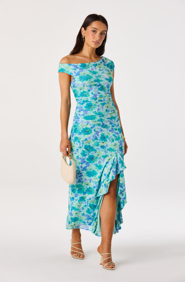 Off Shoulder Ruched Floral Maxi Dress