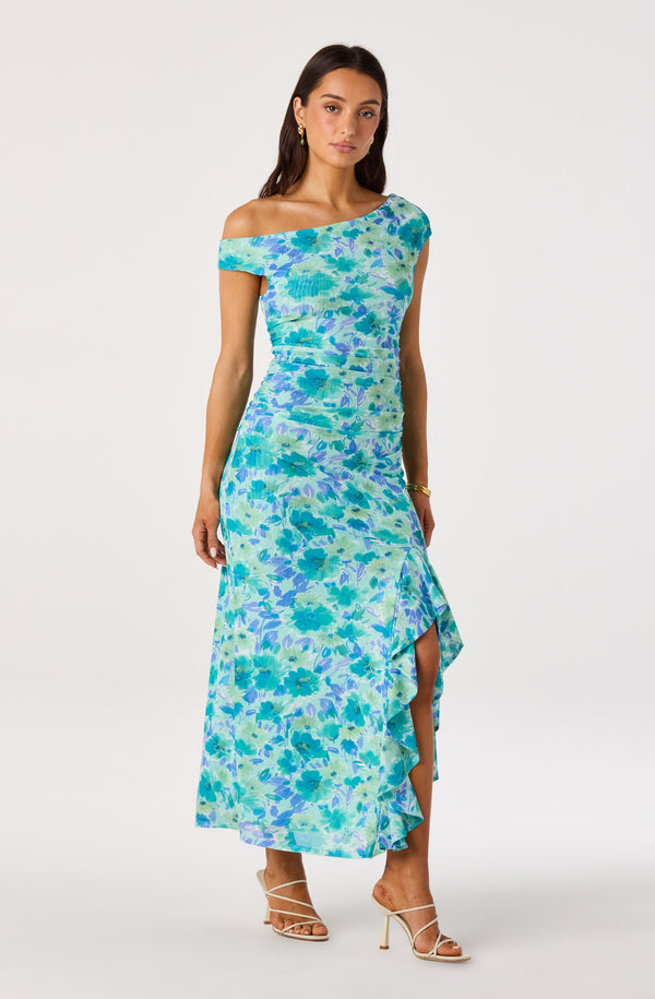 ASTR the Label | Off Shoulder Ruched Floral Maxi Dress in Blue Floral | Size XS ASTR the Label | Off Shoulder Ruched Floral Maxi Dress in Blue Floral | Size XS