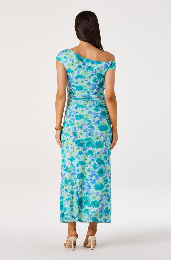 ASTR the Label | Off Shoulder Ruched Floral Maxi Dress in Blue Floral | Size XS ASTR the Label | Off Shoulder Ruched Floral Maxi Dress in Blue Floral | Size XS