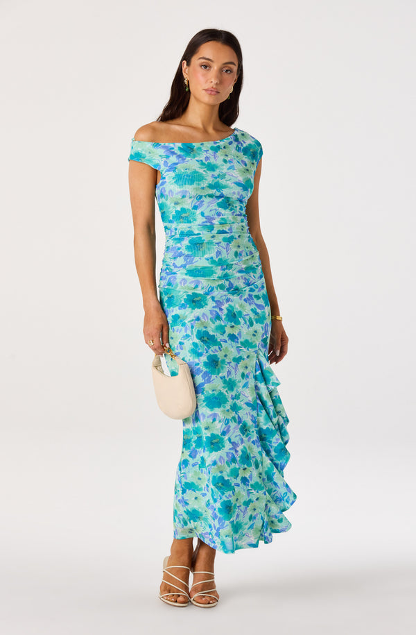 ASTR the Label | Off Shoulder Ruched Floral Maxi Dress in Blue Floral | Size XS ASTR the Label | Off Shoulder Ruched Floral Maxi Dress in Blue Floral | Size XS