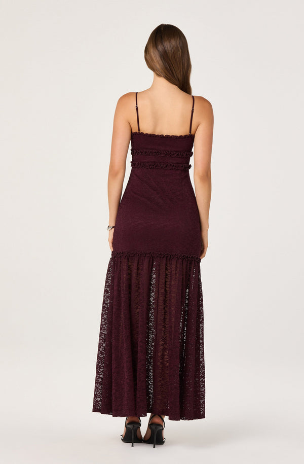 Astr The Label | Ruffle Detail Lace Maxi Dress in Deep Plum | Size Xs