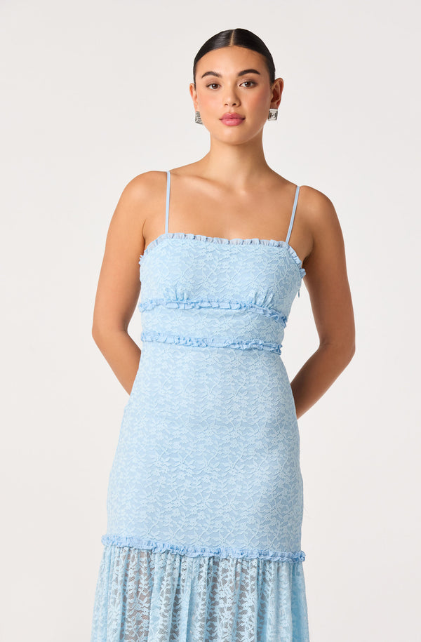 astr the label lace midi dress blue ASTR THE LABEL NEVAEH SATIN LACE MIDI DRESS IN NAVY