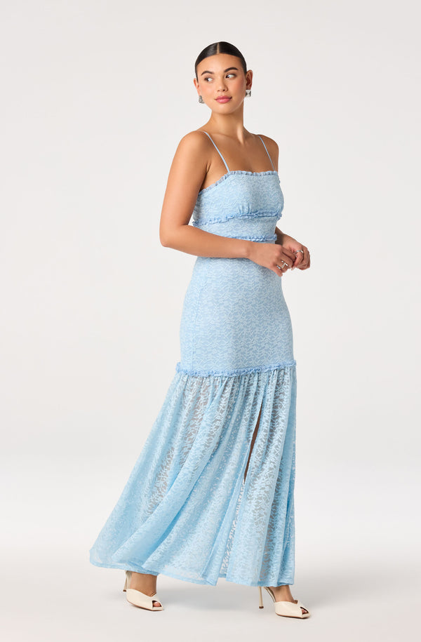 blue floral lace maxi dress Dusty Blue Floral Embroidered Tulle Maxi Dress with Corset Bodice Custom Color / Above Knee / US8 main image 0