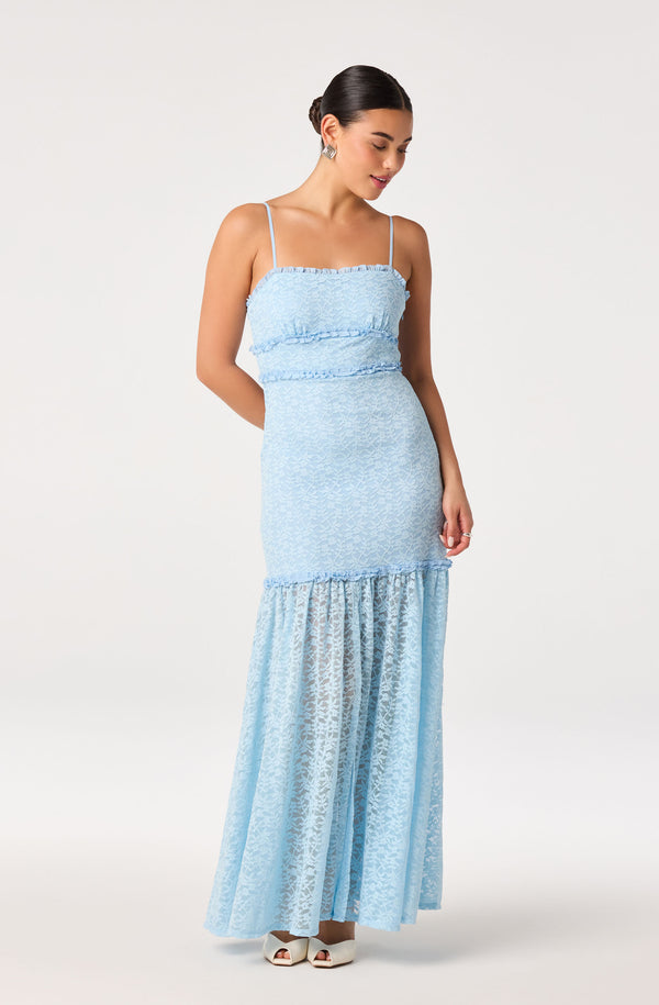 ASTR the Label | Ruffle Tiered Lace Maxi Dress in Light Blue