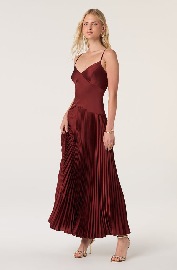 ASTR the Label | Satin Pleated Drop Waist Maxi Dress in Navy