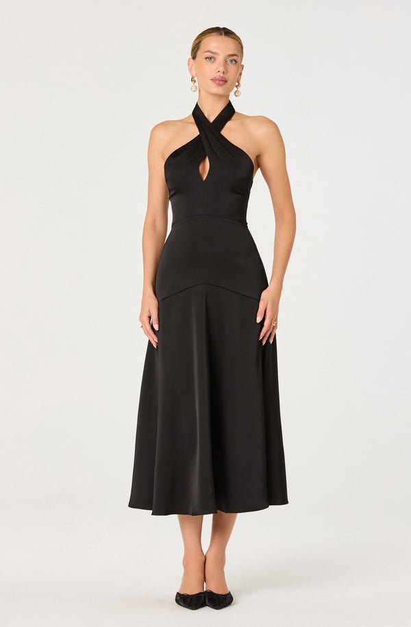 Satin Crossover Halter Midi Dress - ASTR the Label Satin Crossover Halter Midi Dress - ASTR the Label