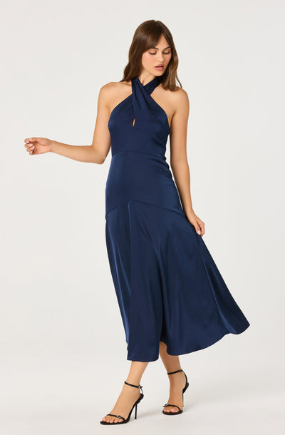 Satin Crossover Halter Midi Dress