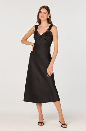 Lace Trim Satin Slip Midi Dress