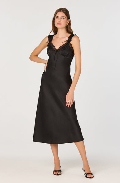 Lace Trim Satin Slip Midi Dress