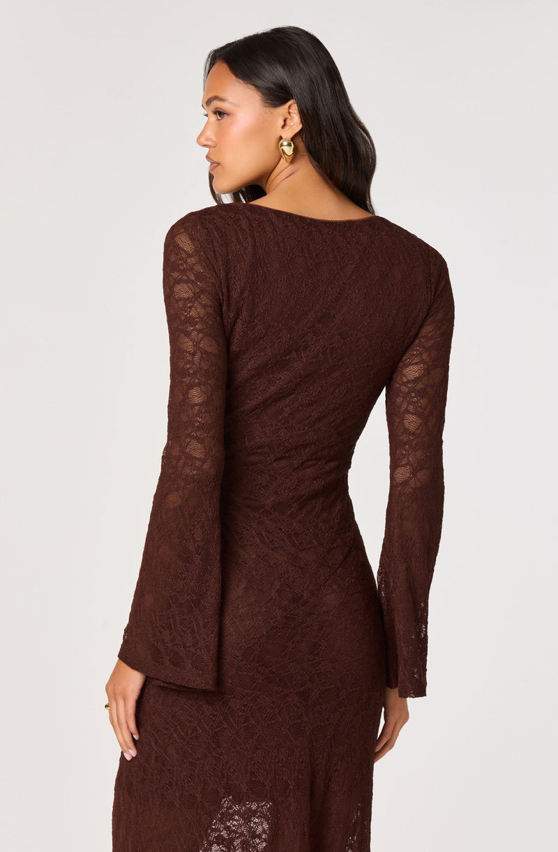 A woman is wearing a long-sleeved, fitted dress made of brown lace fabric. The dress features a round neckline, with the lace pattern creating a semi-transparent effect on the sleeves and upper back. The dress is form-fitting, accentuating her waist, and the lace pattern varies slightly throughout the garment, adding texture and visual interest.