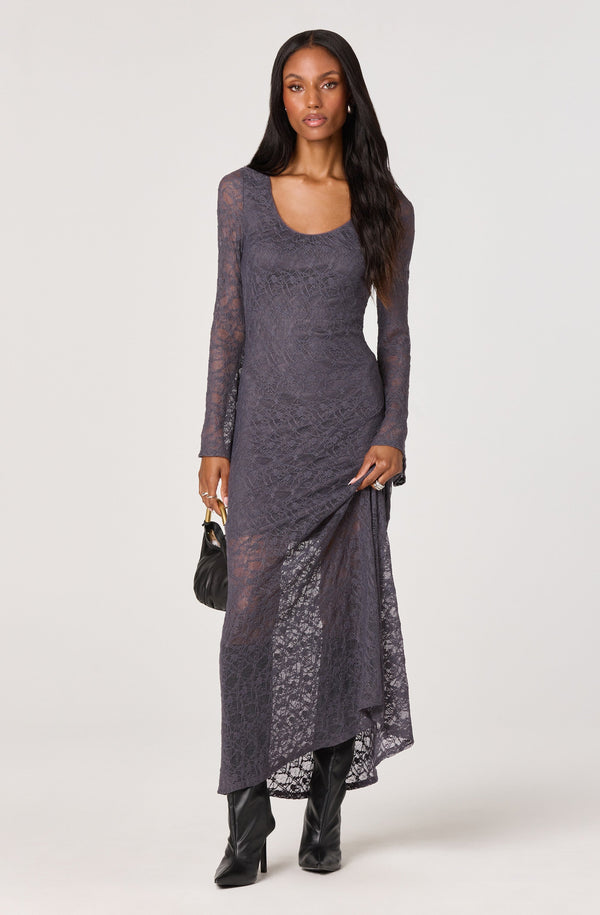 grey dress with lace ASTR the Label | Long Sleeve Maxi in Midnight Charcoal Gothic Dresses by Blackwood iousby provides a unique alternative Color:Lavender Mist