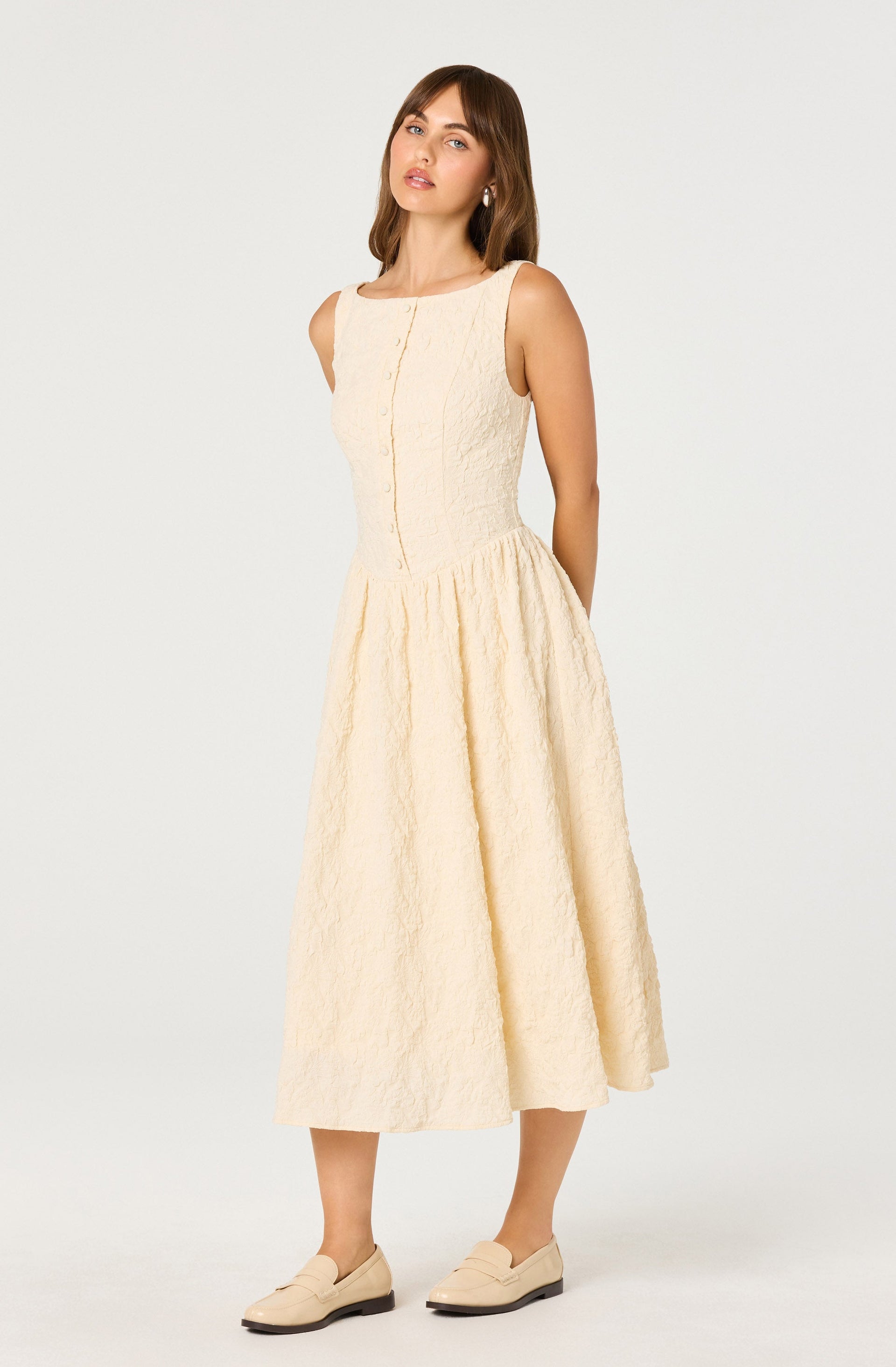 Astr The Label | Button Front Boat Neck Midi Dress in Cream | Size M Astr The Label | Button Front Boat Neck Midi Dress in Cream | Size M