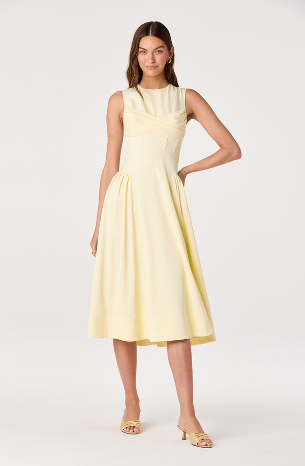 corset flare dress midi ASTR the Label | Seraphina Pleated Twist Corset Midi Dress in Butter Yellow