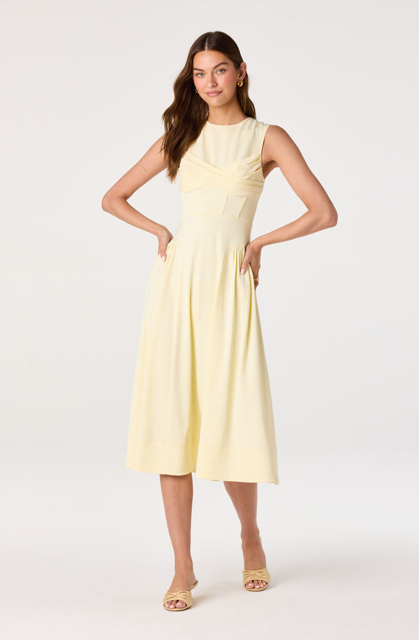 ASTR the Label | Seraphina Pleated Twist Corset Midi Dress in Butter Yellow | Size S ASTR the Label | Seraphina Pleated Twist Corset Midi Dress in Butter Yellow | Size S