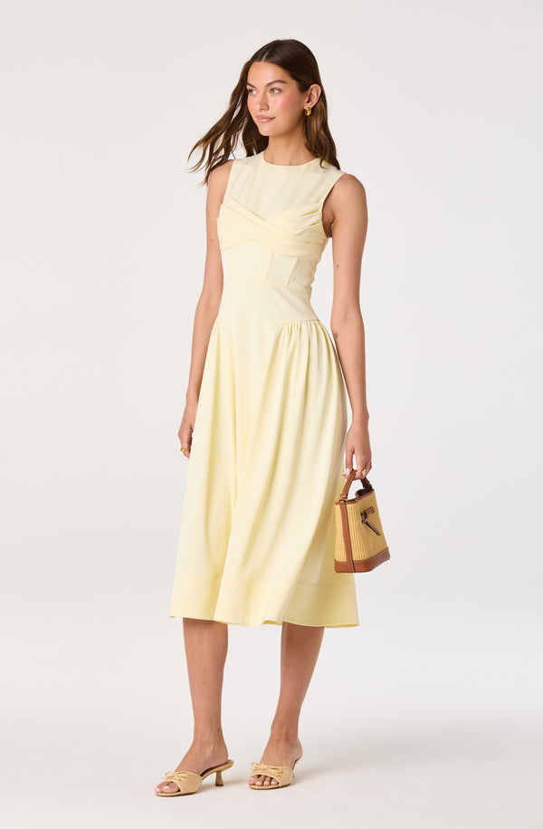 ASTR the Label | Seraphina Pleated Twist Corset Midi Dress in Butter Yellow