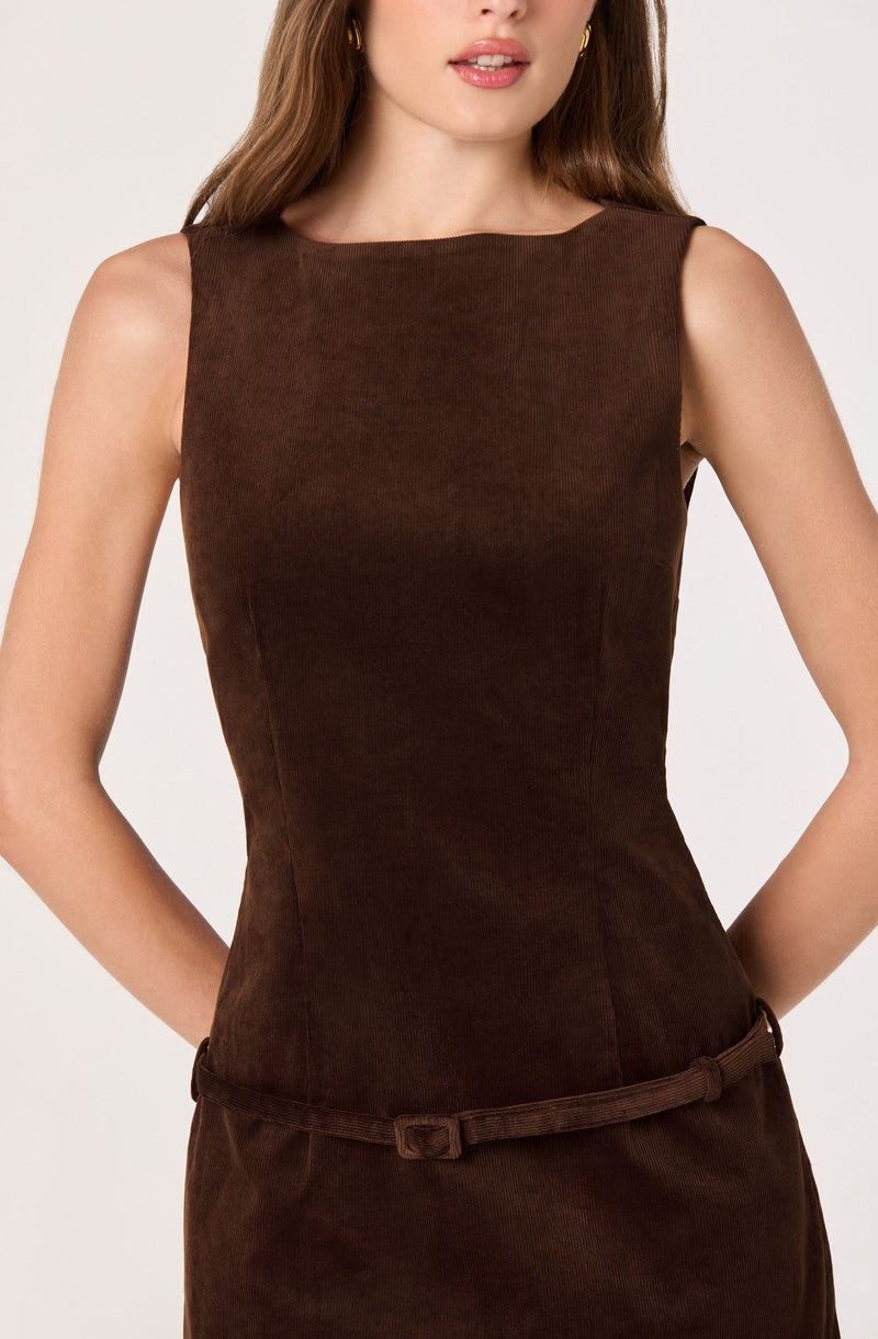 A woman is wearing a sleeveless, fitted brown dress made of a textured fabric. The dress has a round neckline and a thin matching belt at the waist.