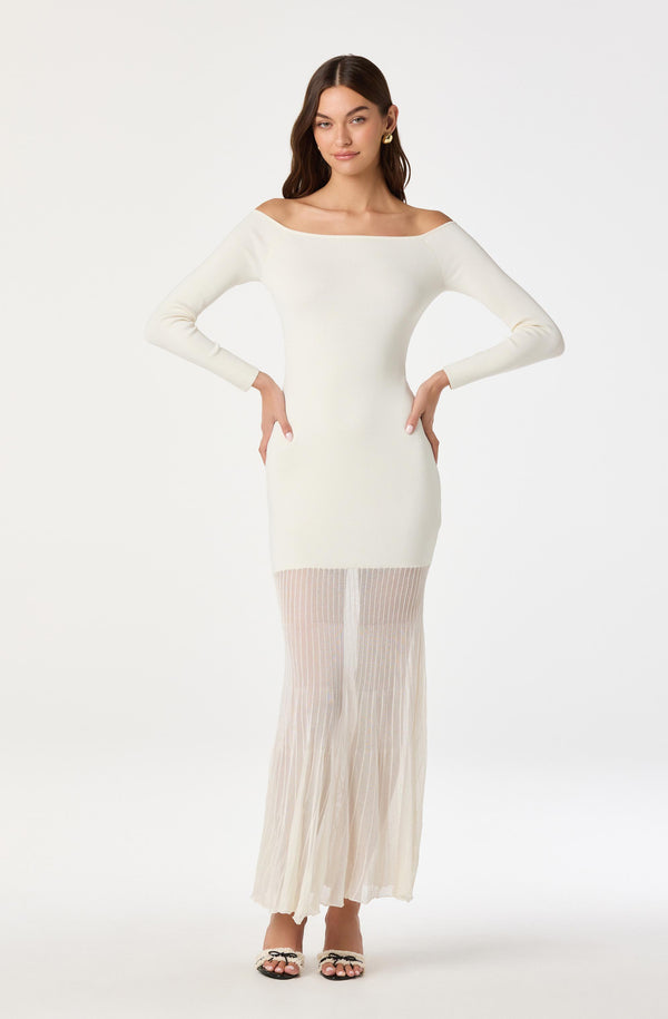 Astr The Label | Off Shoulder Mesh Panel Hem Maxi Dress in Cream