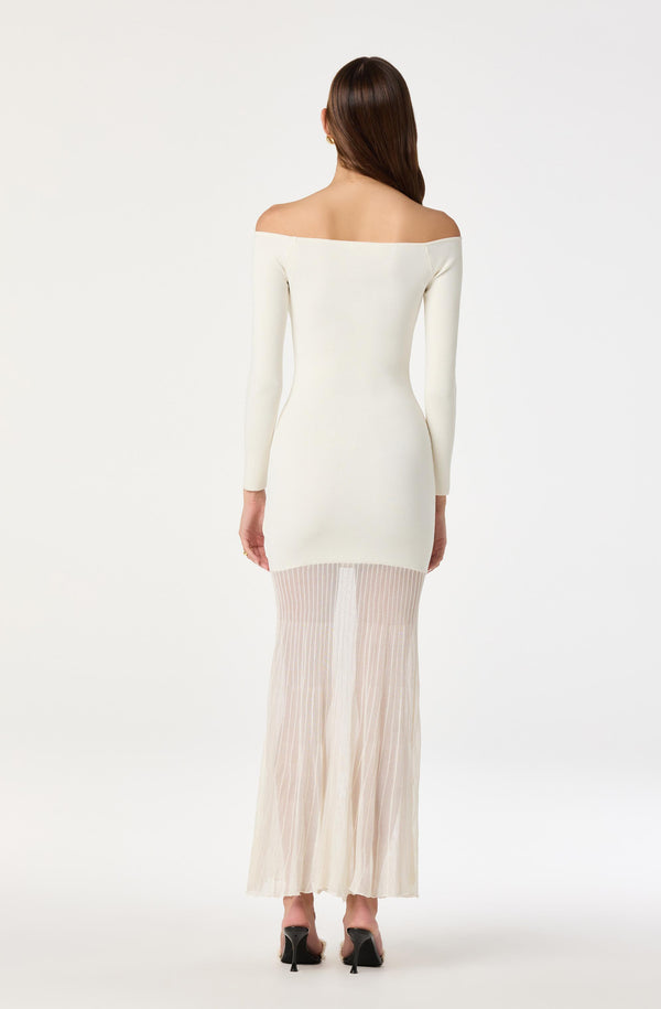 Off Shoulder Mesh Panel Hem Maxi Dress