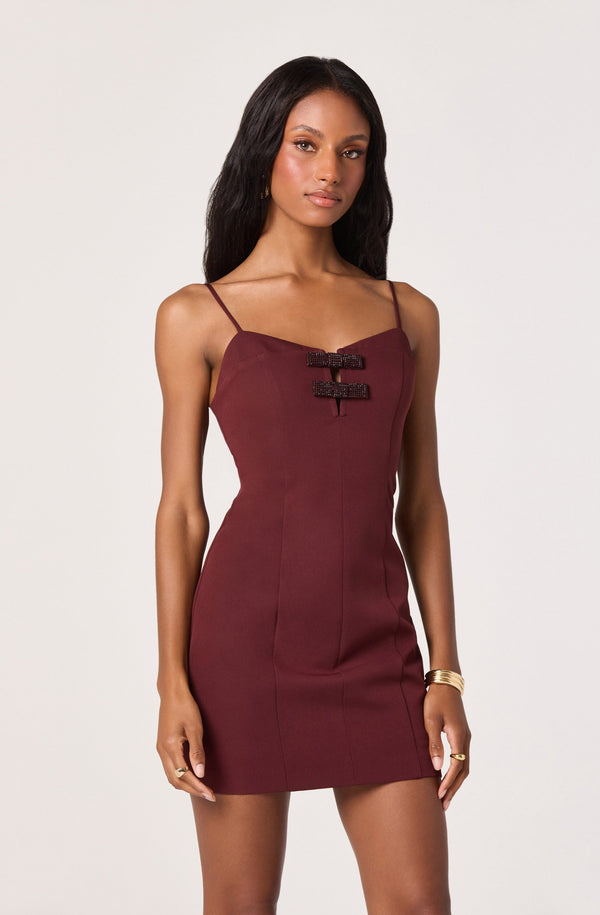 burgundy fitted dress ASTR the Label | Embellished Bow Detail Mini Dress in Wine