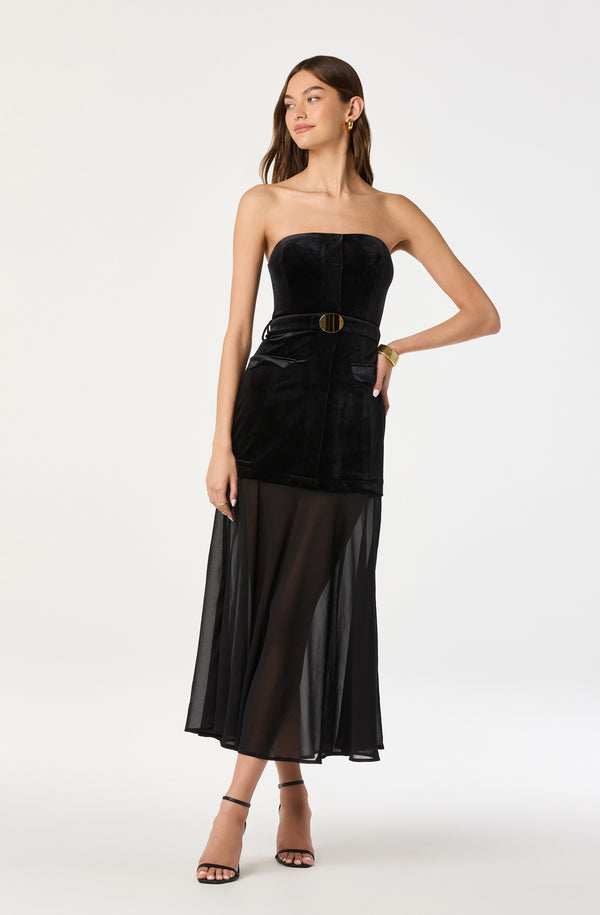 knee length dresses for ladies Strapless Contrast Belted Midi Dress