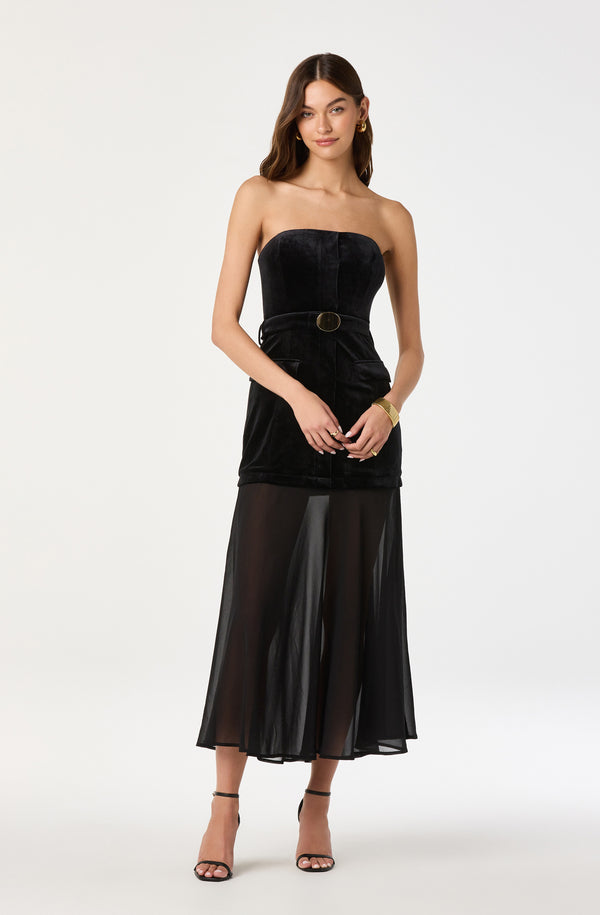 knee length dresses for ladies Strapless Contrast Belted Midi Dress