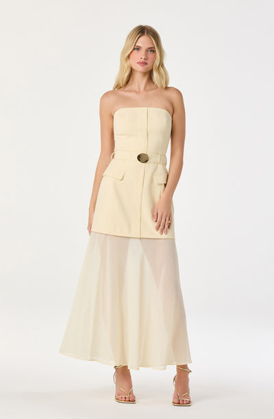 ASTR the Label | Strapless Contrast Belted Dress in Buttercream