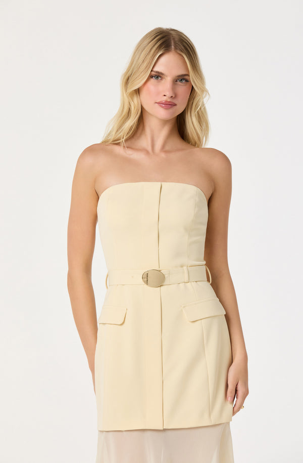 ASTR the Label | Strapless Contrast Belted Dress in Buttercream