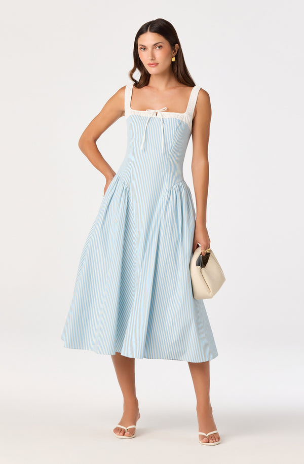 ASTR the Label | Hazel Striped Drop-Waist Midi Dress in Blue Stripe | Size XS ASTR the Label | Hazel Striped Drop-Waist Midi Dress in Blue Stripe | Size XS