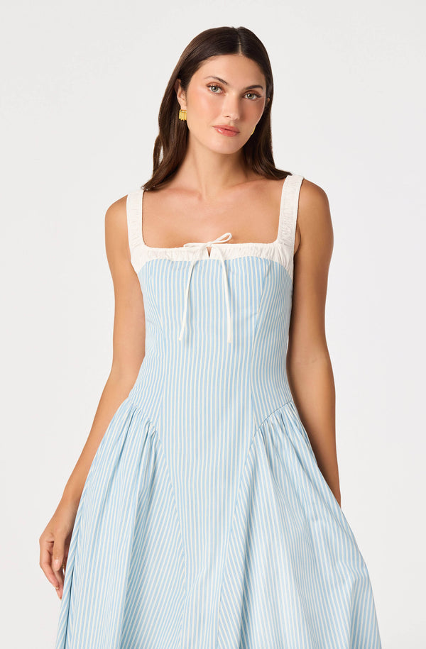 blue and white vertical striped dress Ivory and blue vertical striped ruched bodice dress main image 1