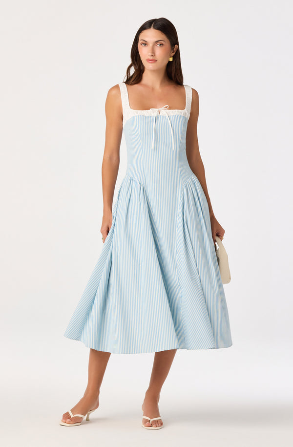 ASTR the Label | Hazel Striped Drop-Waist Midi Dress in Blue Stripe