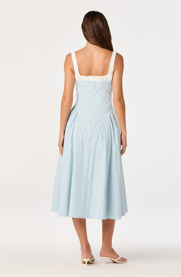 ASTR the Label | Hazel Striped Drop-Waist Midi Dress in Blue Stripe | Size XS ASTR the Label | Hazel Striped Drop-Waist Midi Dress in Blue Stripe | Size XS