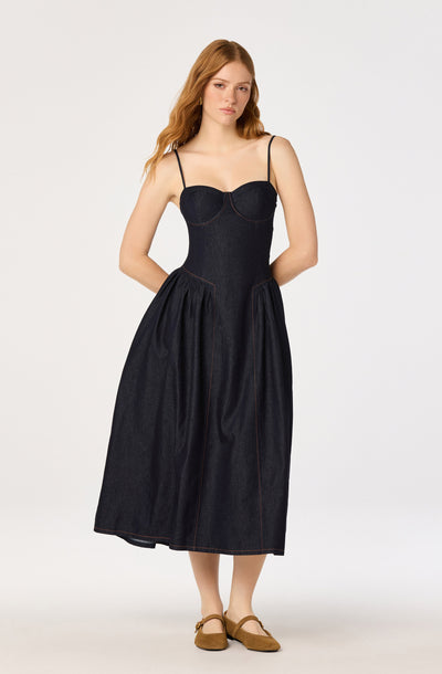ASTR the Label | Margaux Denim Bustier Midi Dress in Dark Denim