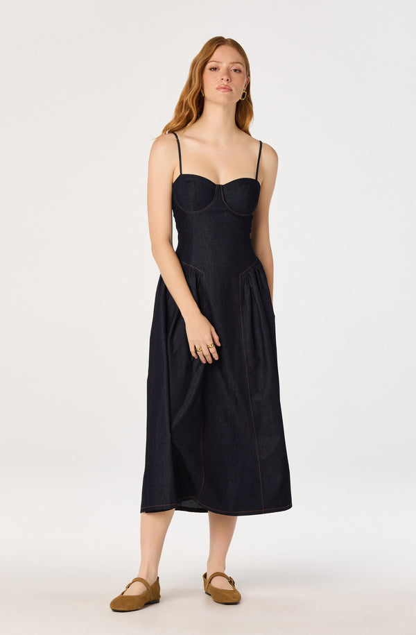 ASTR the Label | Margaux Denim Bustier Midi Dress in Dark Denim | Size XS ASTR the Label | Margaux Denim Bustier Midi Dress in Dark Denim | Size XS
