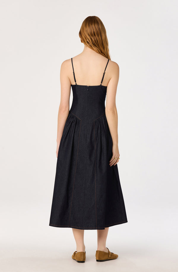 Astr The Label | Margaux Denim Bustier Midi Dress in Dark Denim | Size Xs Astr The Label | Margaux Denim Bustier Midi Dress in Dark Denim | Size Xs